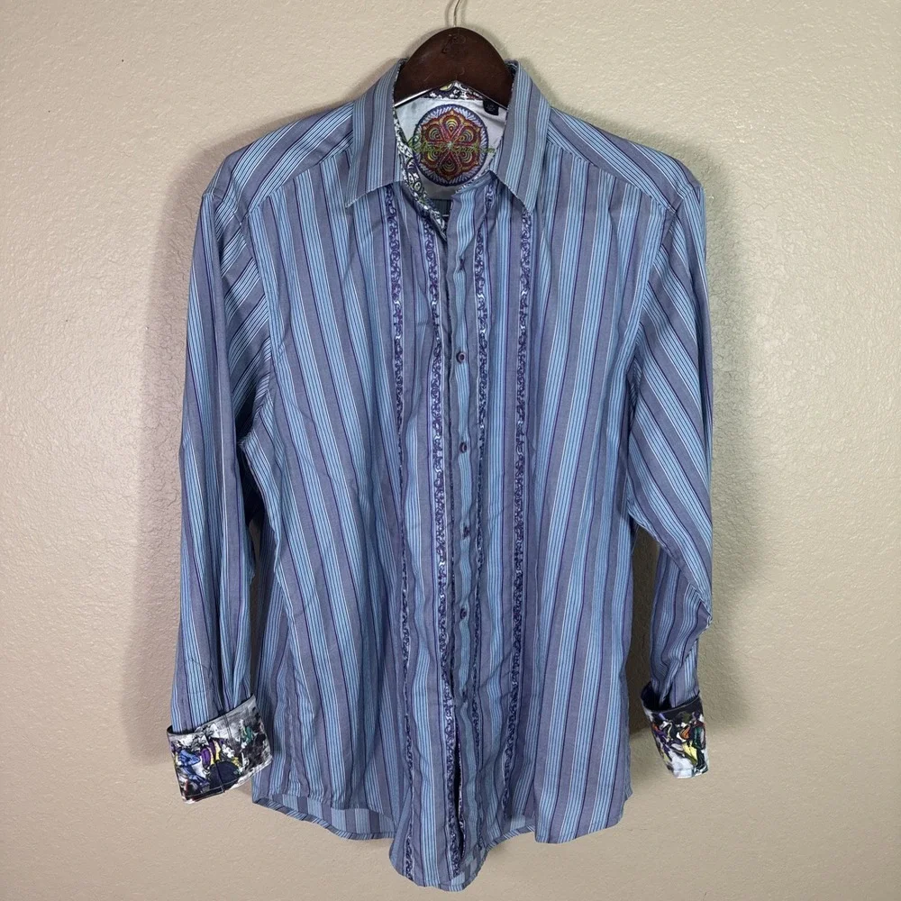 Robert Graham Men's Striped Adagio Embroidered Flip Cuff Shirt‎ Large $228